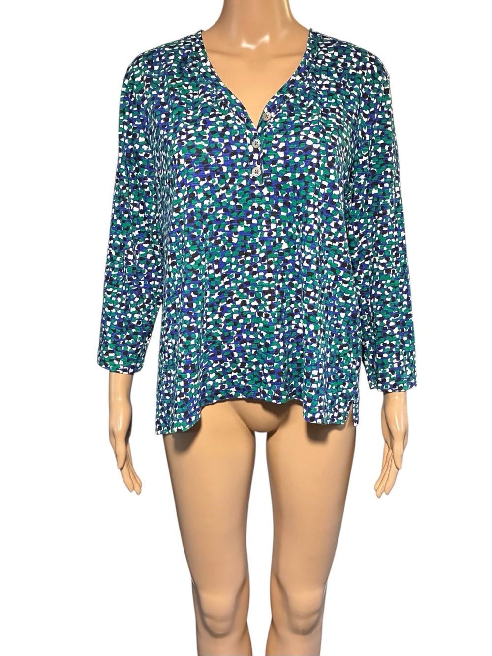 Chico's Women’s Blouse Size L Blue Green Abstract Print Cotton Blend Long Sleeve